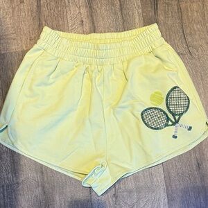 QUEEN OF SPARKLES Pale Yellow Athletic Shorts with Tennis Racket Embroidery
